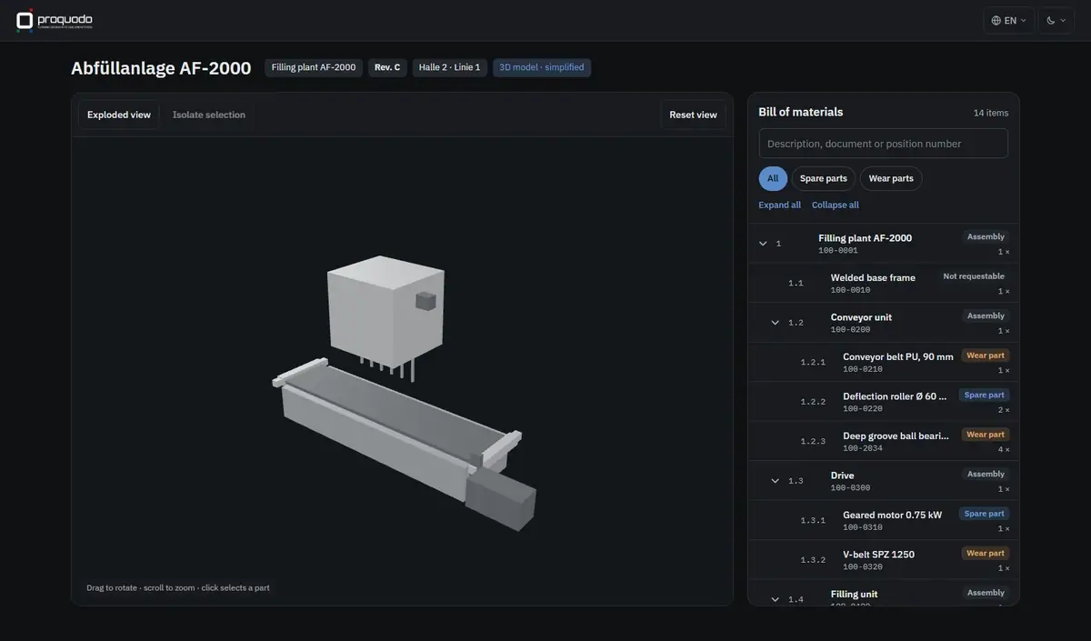 proquodo online spare parts catalog: rotating the 3D model, exploded view and selecting a part in the BOM