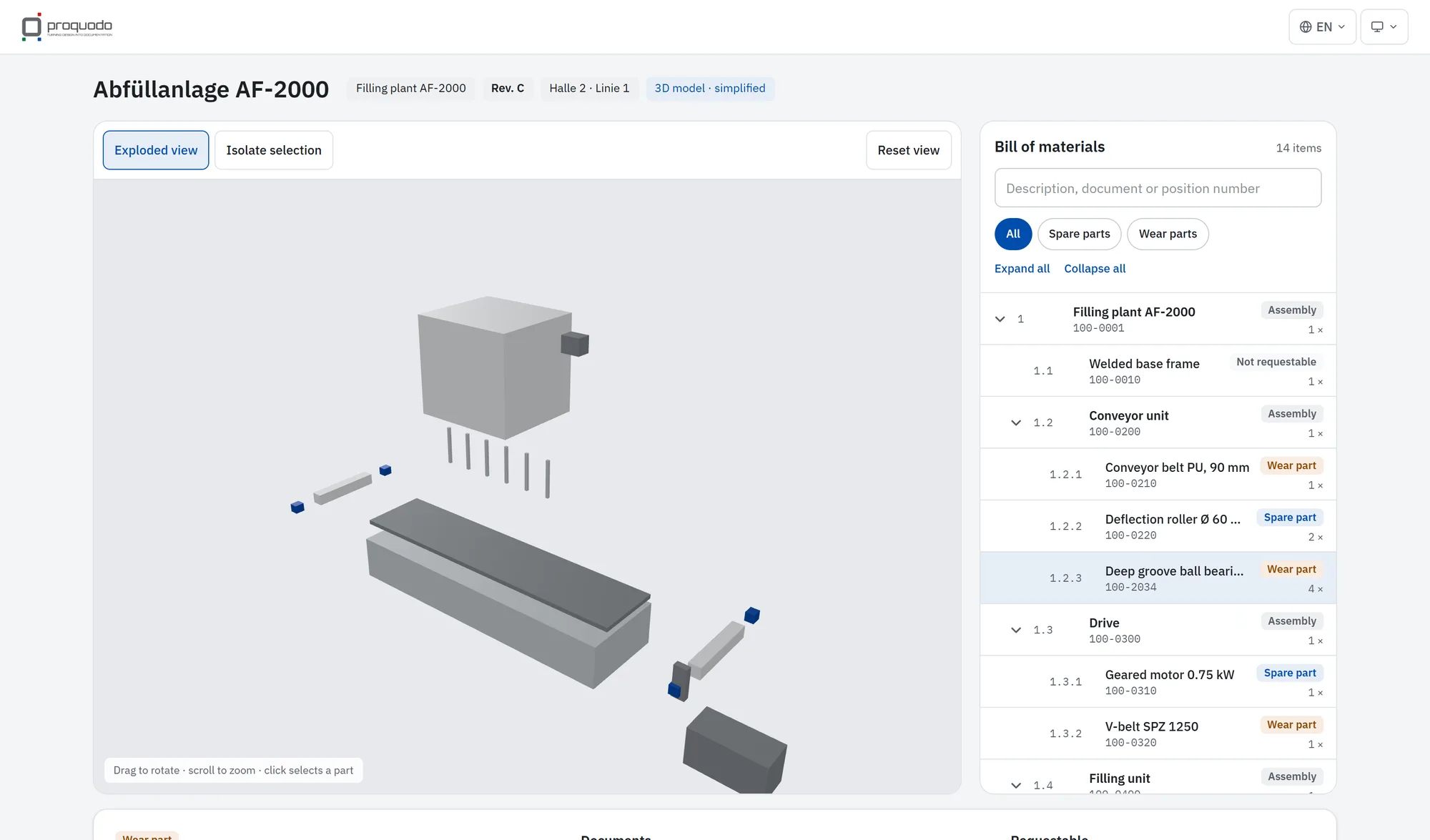 Selected spare part in the online catalog